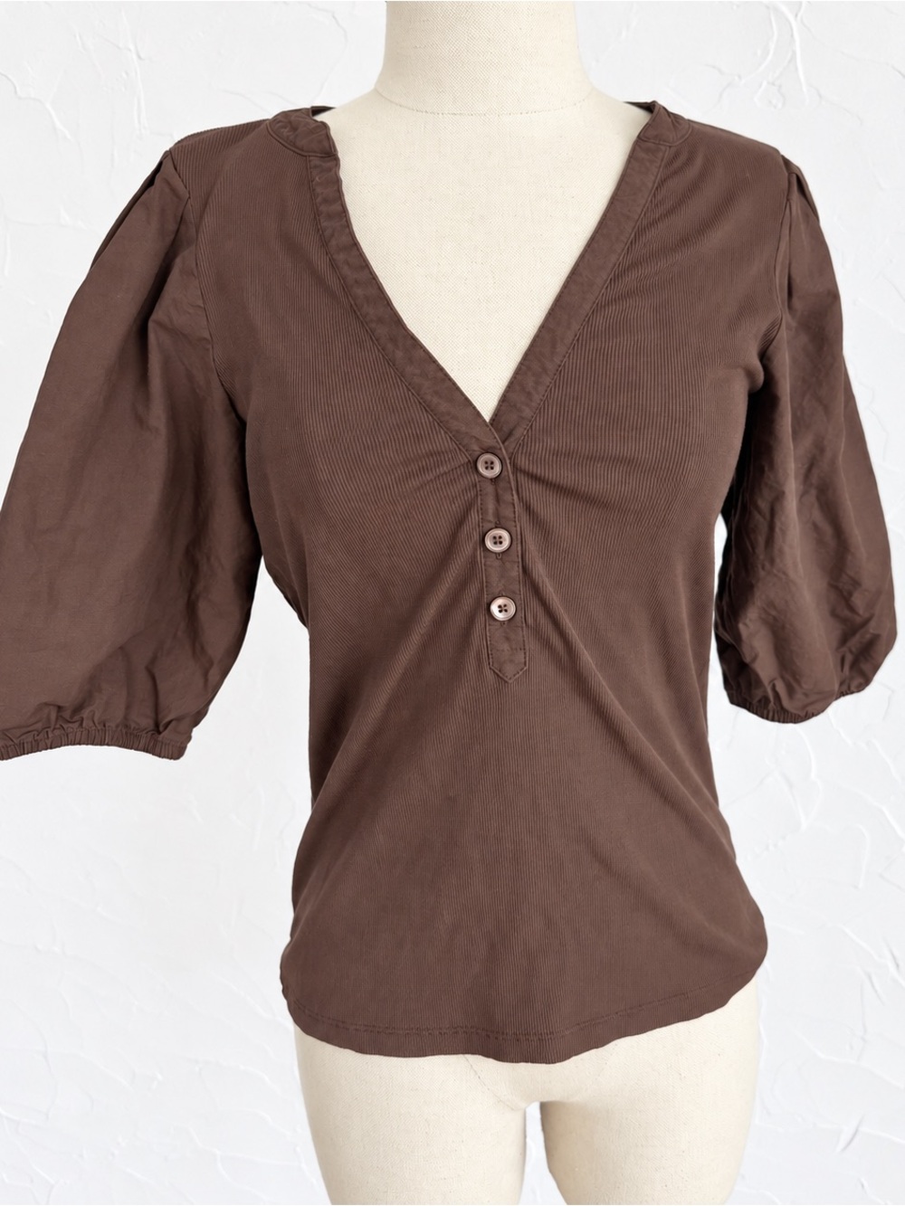 Madewell Brown Ribbed Puff Sleeve Henley Top V Neck Mixed Media Size M